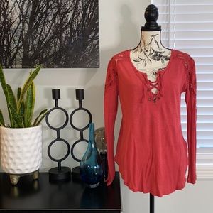 FREE PEOPLE Red Rouge Lace Long Sleeve Tee Small
